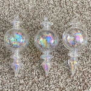 Jim Marvin Clear Iridescent Bubblegum 5" Drop Blown Glass Finial Ornaments Set 3